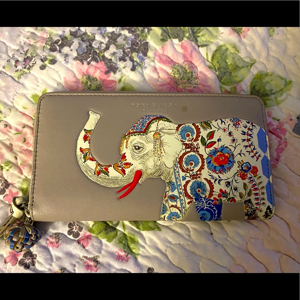 Tory Burch Gray Elephant Zip Wallet with Multicolor Floral Elephant Appliqué